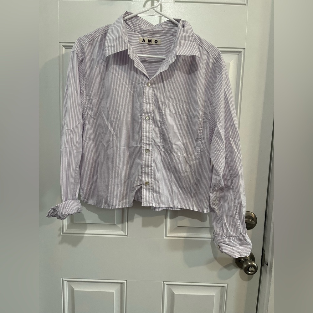 AMO DENIM
RUTH LAVENDER STRIPE CROP OVERSIZED COLLARD SHIRT - BLUSHING XS - Picture 8 of 9